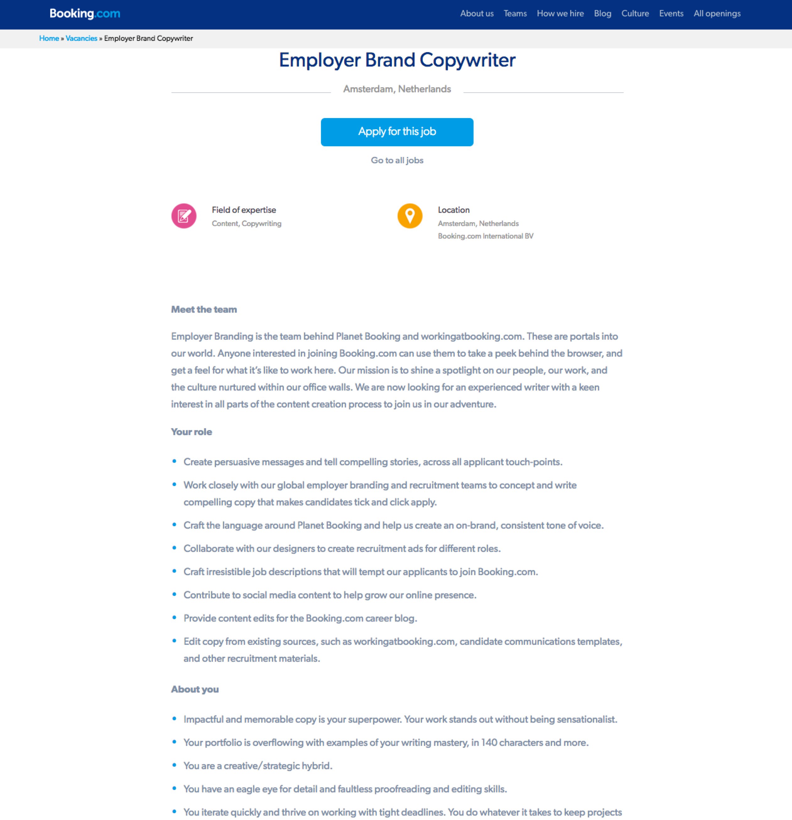 Employer Brand Copywriter Job Description Booking.com | Ongig