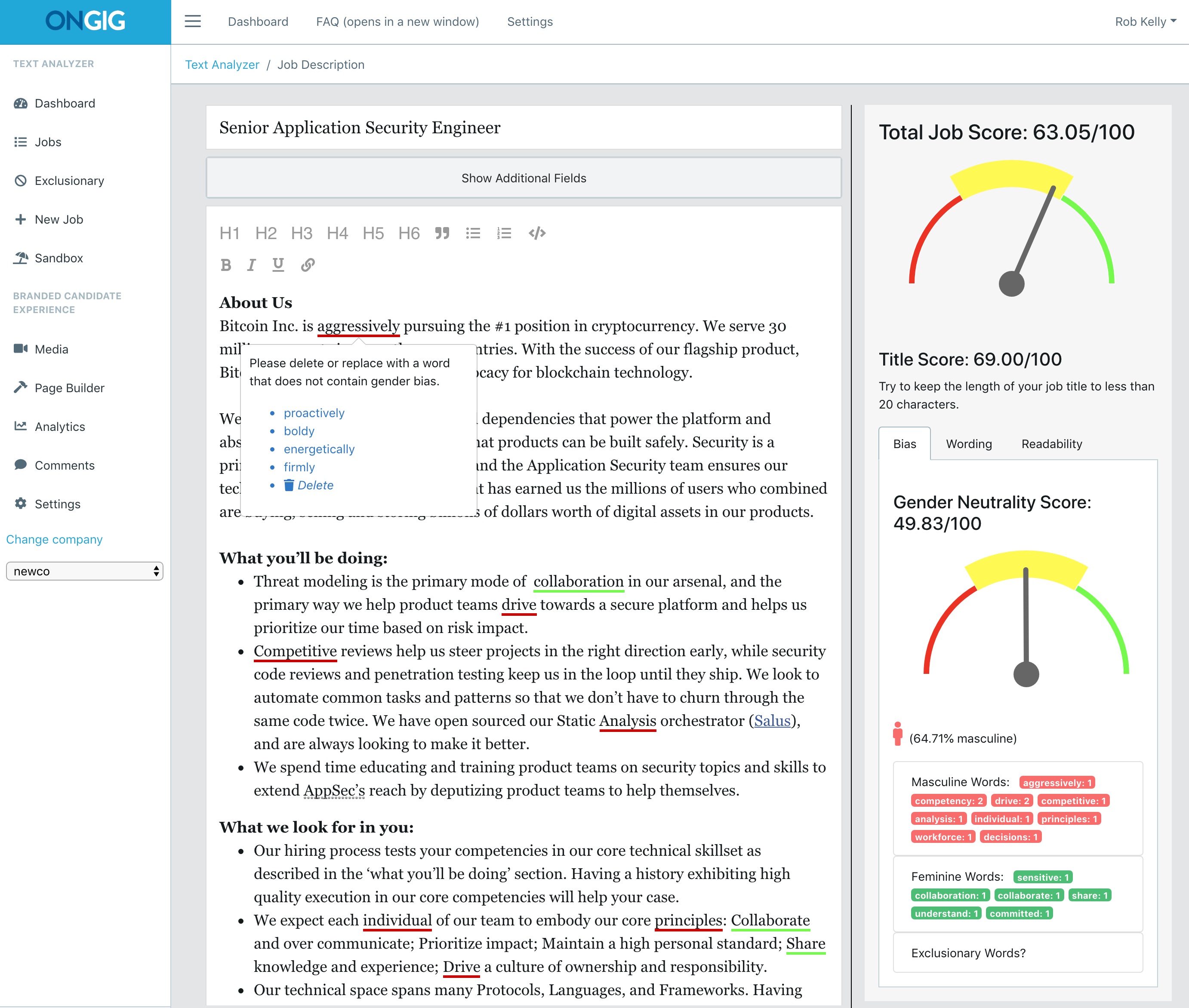 Ongig Text Analyzer job description software is a Textio alternative for rewriting job descriptions