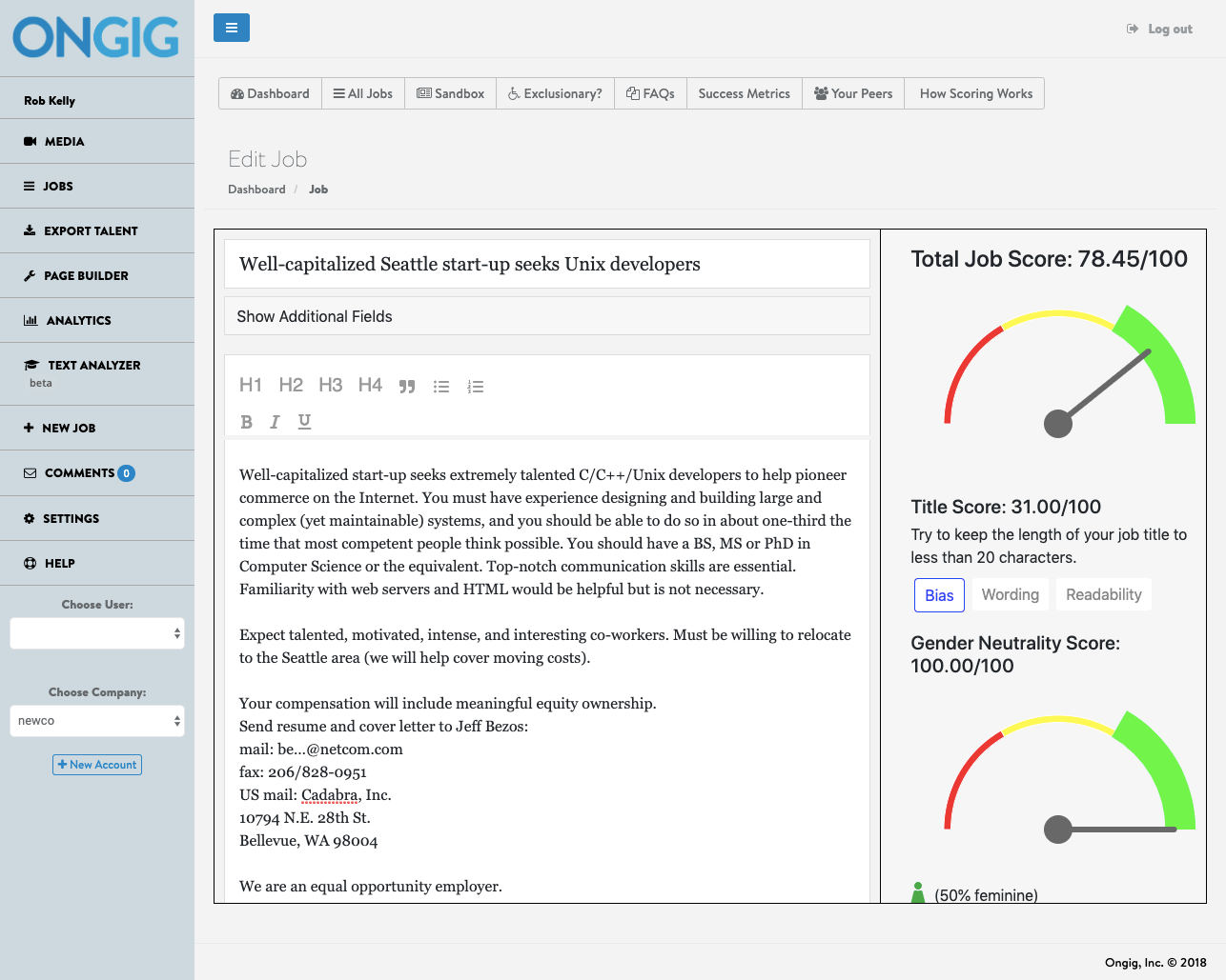 Amazon's first job ad analyzed by Ongig Text Analyzer total score