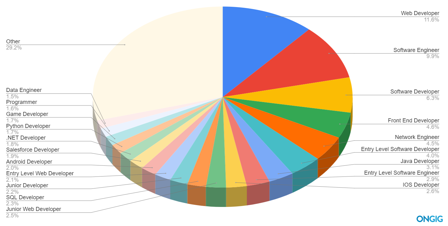 Pie chart of the top 20 software job titles searched