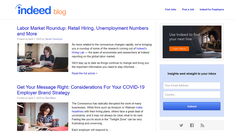 Indeed blog homepage