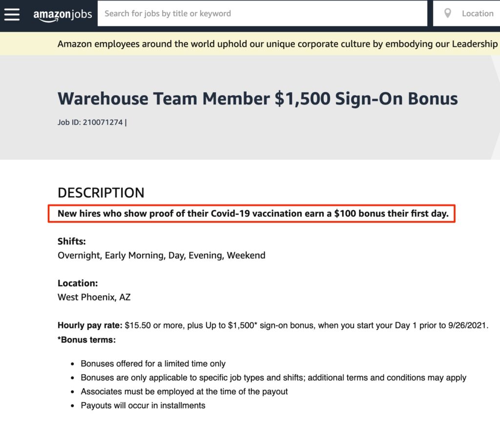 jobs that require vaccinations offer bonuses